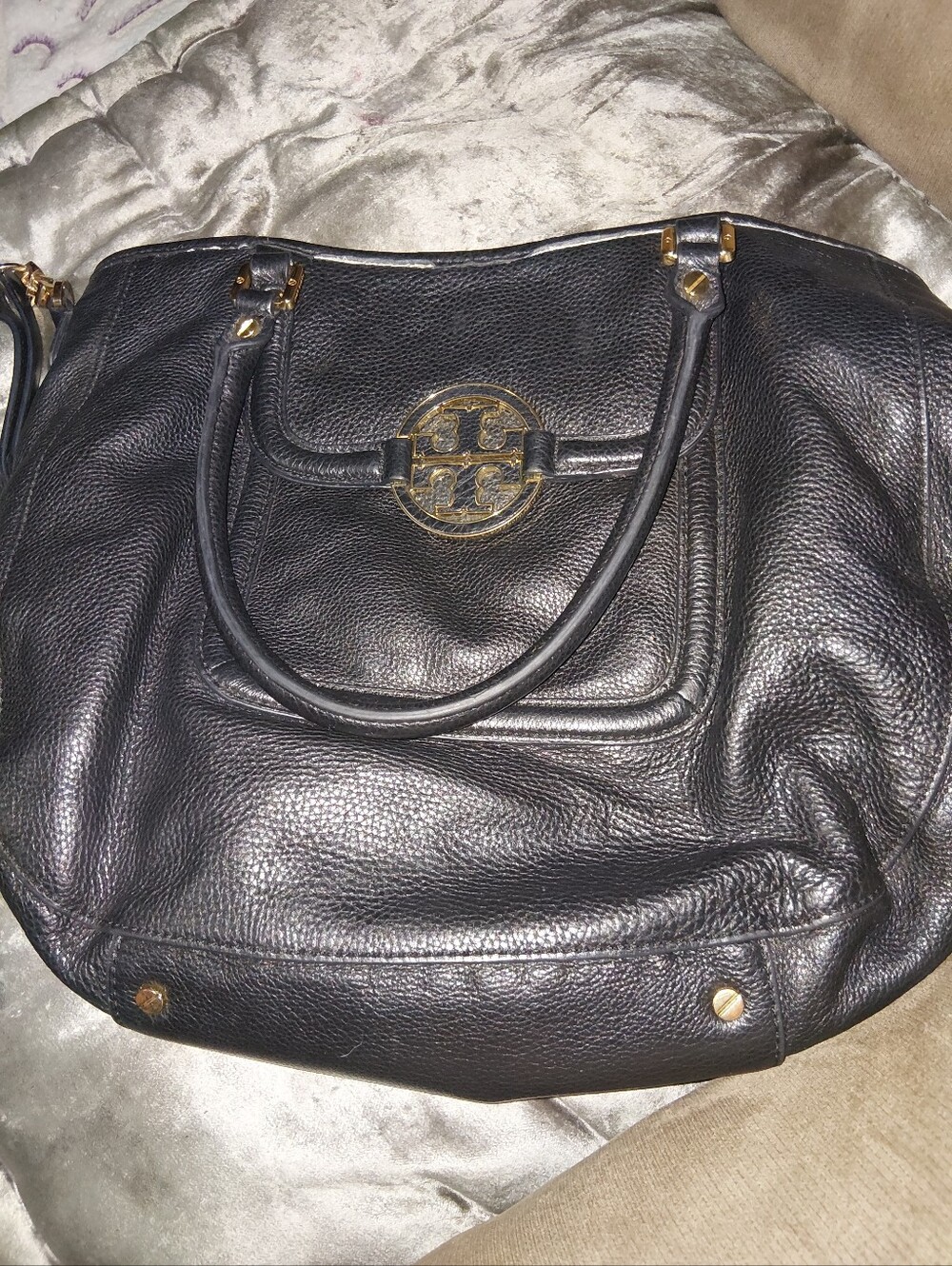 Tory Burch Black Pebbled Leather Tote with Gold Logo